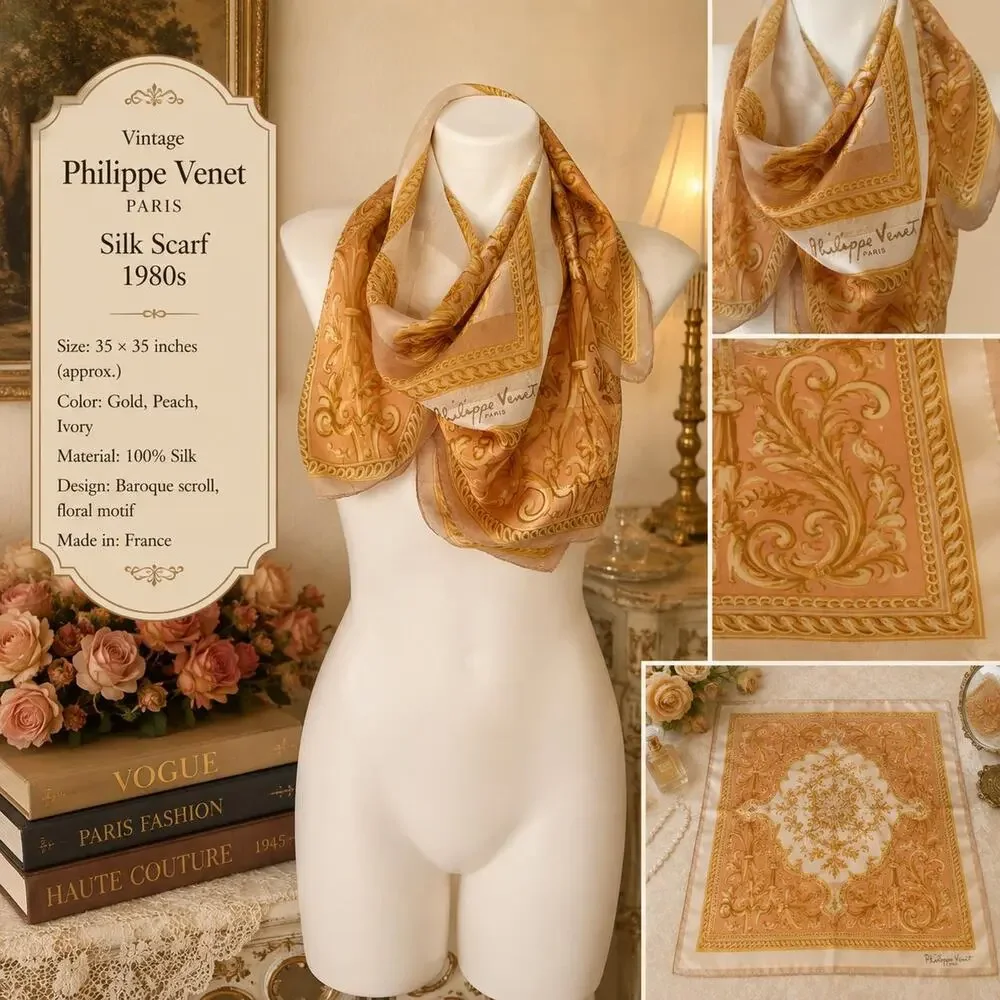 Vintage Philippe Venet Paris Silk Scarf 1980s Gold Baroque Scroll Floral 35